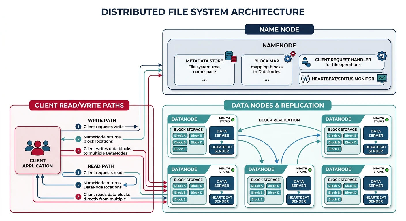 Architecture diagram of a distributed file system showing NameNode, DataNodes, block replication, and client read-write paths