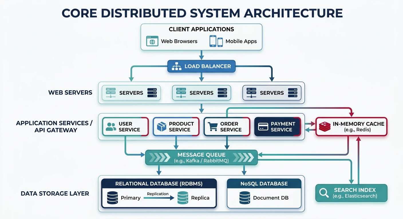 Architecture diagram showing core distributed system components including servers, databases, load balancers, caches, and message queues