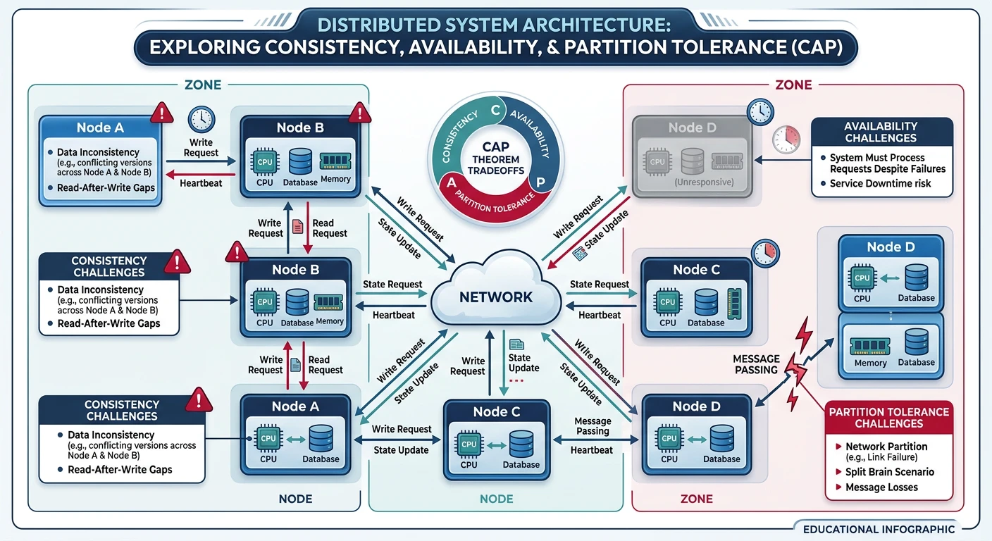 Diagram showing distributed system components communicating over a network with message passing, highlighting challenges of consistency, availability, and partition tolerance