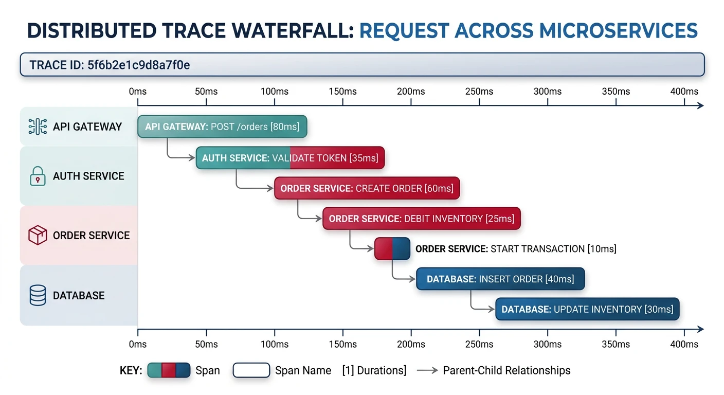 Distributed trace waterfall diagram showing a request spanning API gateway, auth service, order service, and database with span timing and parent-child relationships