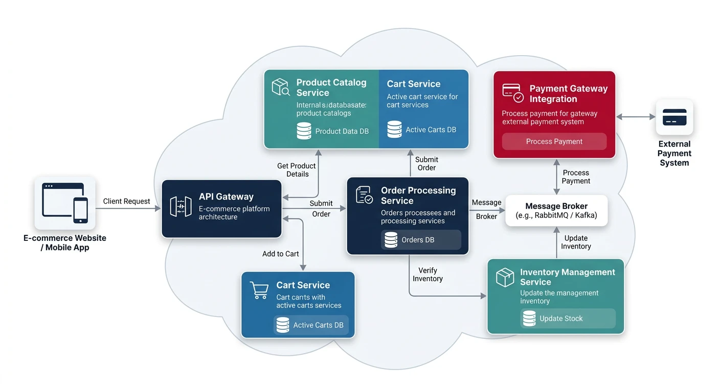 E-commerce platform microservice architecture showing product catalog, cart, order processing, payment gateway, and inventory services