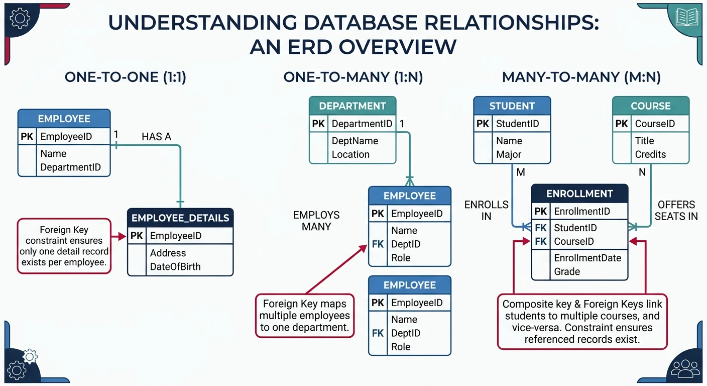 Entity-relationship diagram showing one-to-one, one-to-many, and many-to-many relationships with foreign key constraints