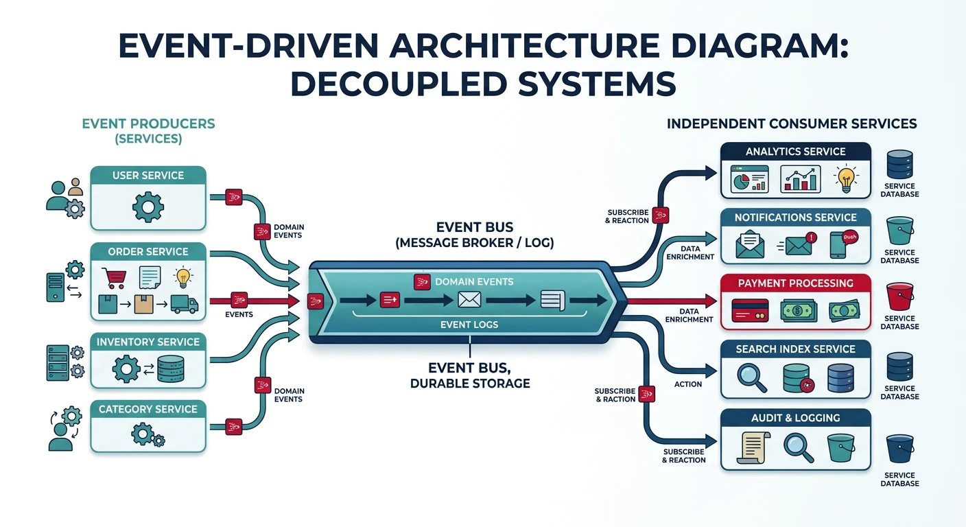 Event-driven architecture diagram showing event producers emitting domain events through an event bus to multiple independent consumer services