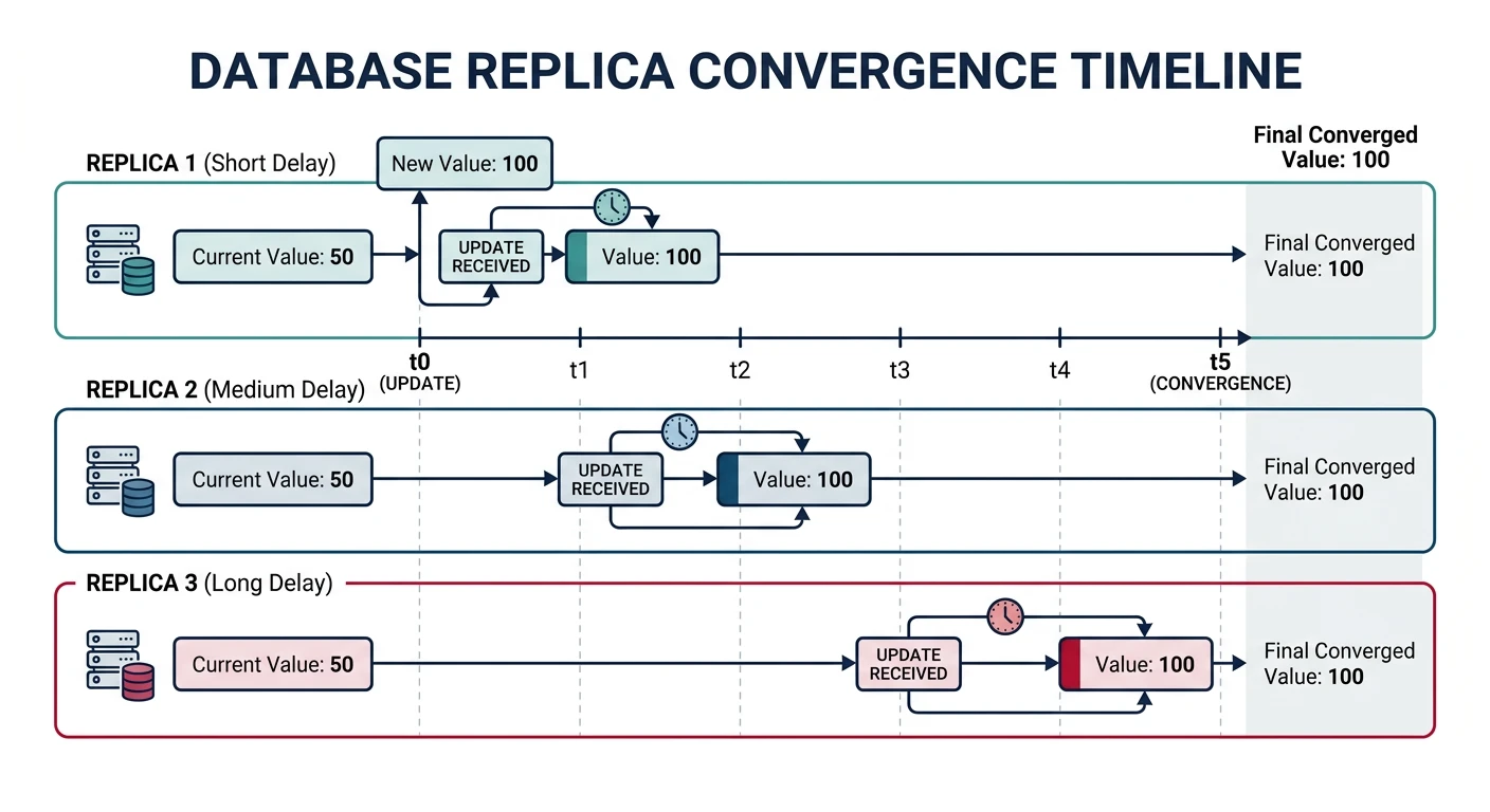 Timeline diagram showing three database replicas gradually converging to the same value after an update, with different propagation delays