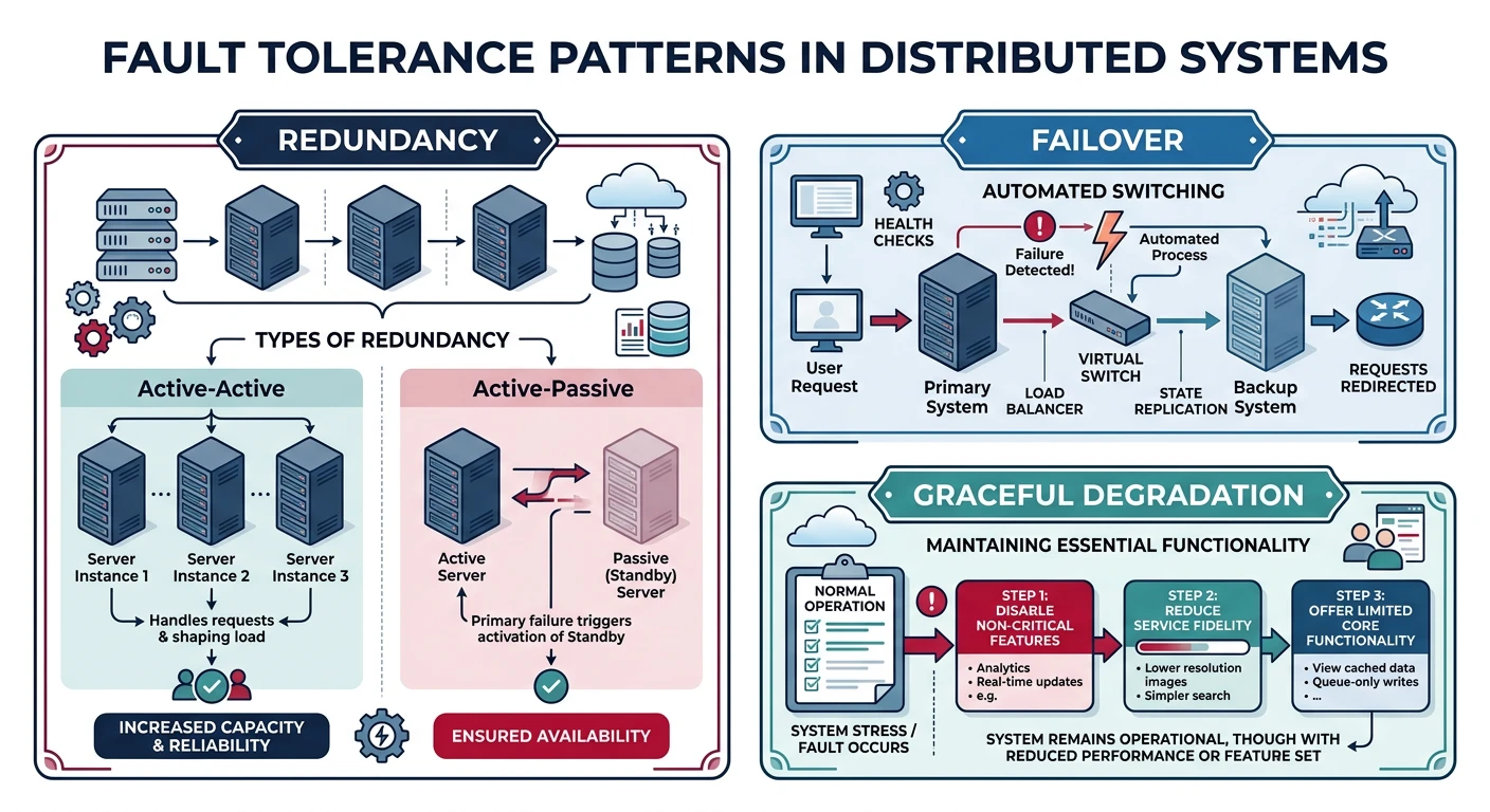 Diagram illustrating fault tolerance patterns including redundancy, failover, and graceful degradation in distributed systems