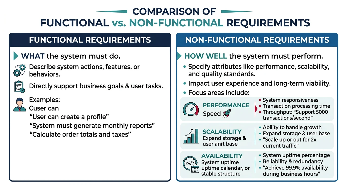 Comparison diagram of functional requirements versus non-functional requirements including performance, scalability, and availability