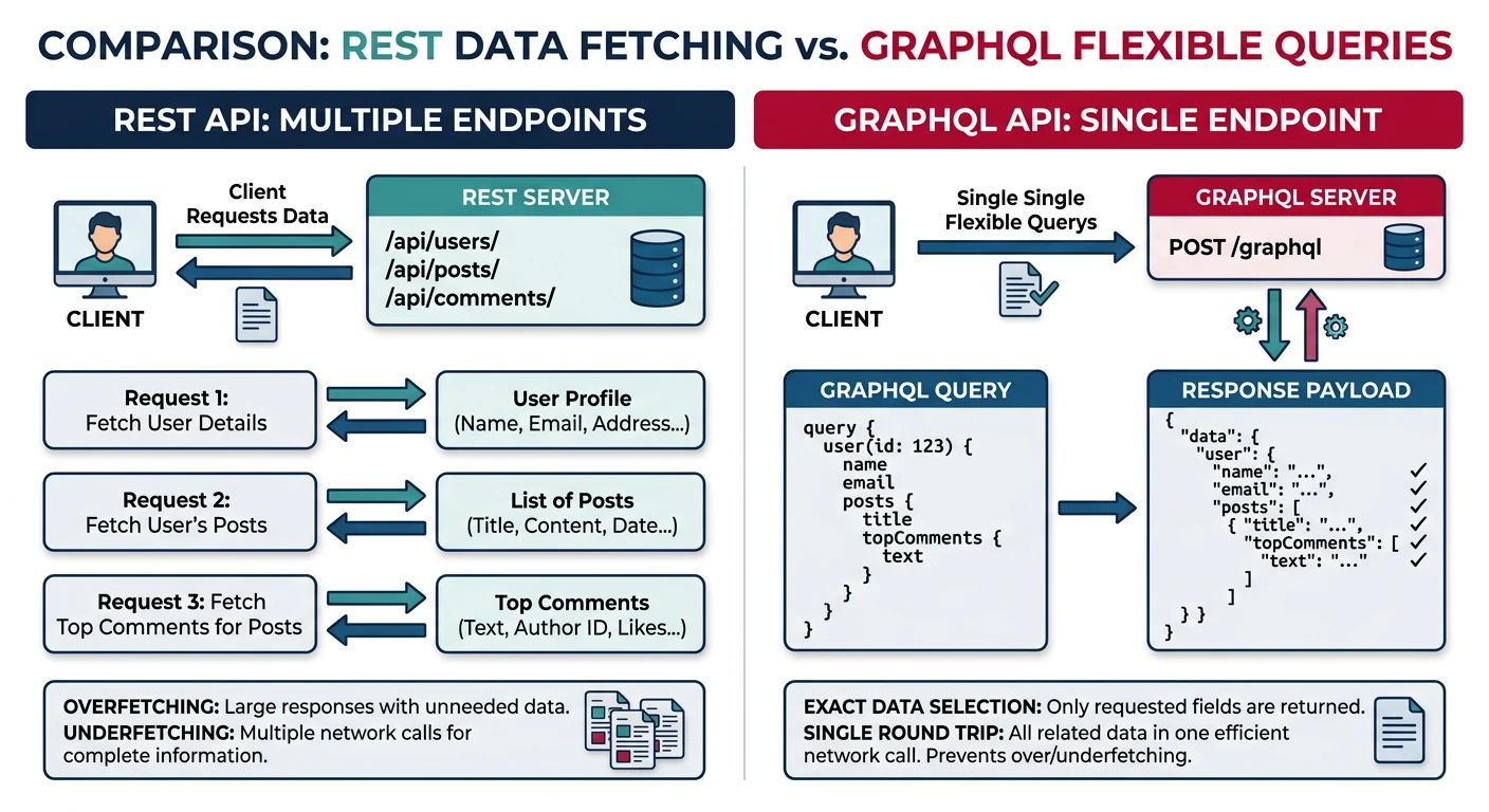Comparison diagram showing REST multiple-endpoint data fetching versus GraphQL single-endpoint flexible queries with exact field selection