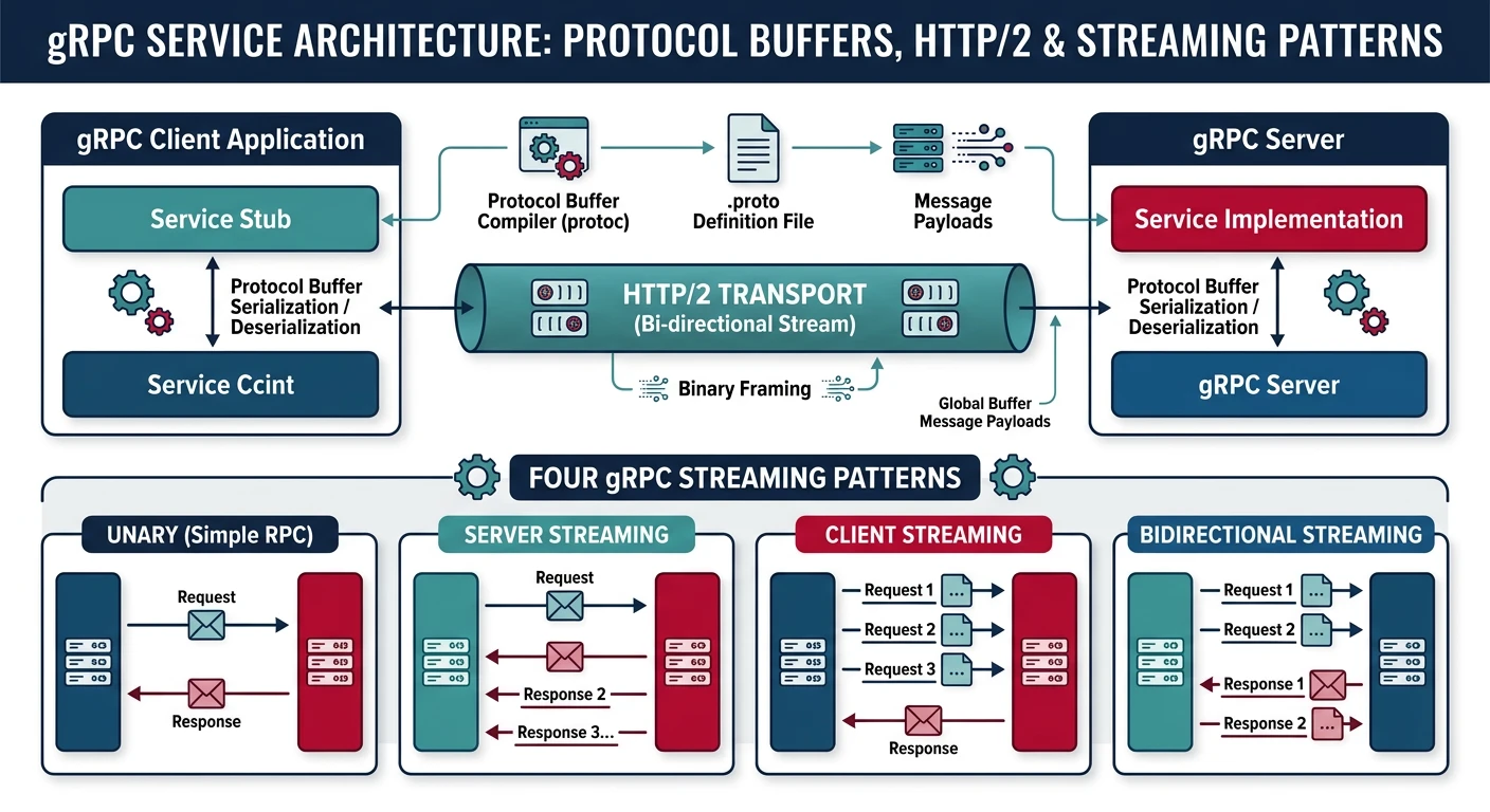 Architecture diagram showing gRPC service communication with Protocol Buffer serialization, HTTP/2 transport, and four streaming patterns