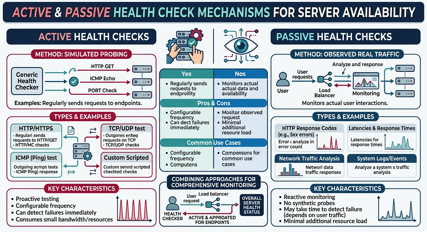 Diagram showing active and passive health check mechanisms for monitoring server availability