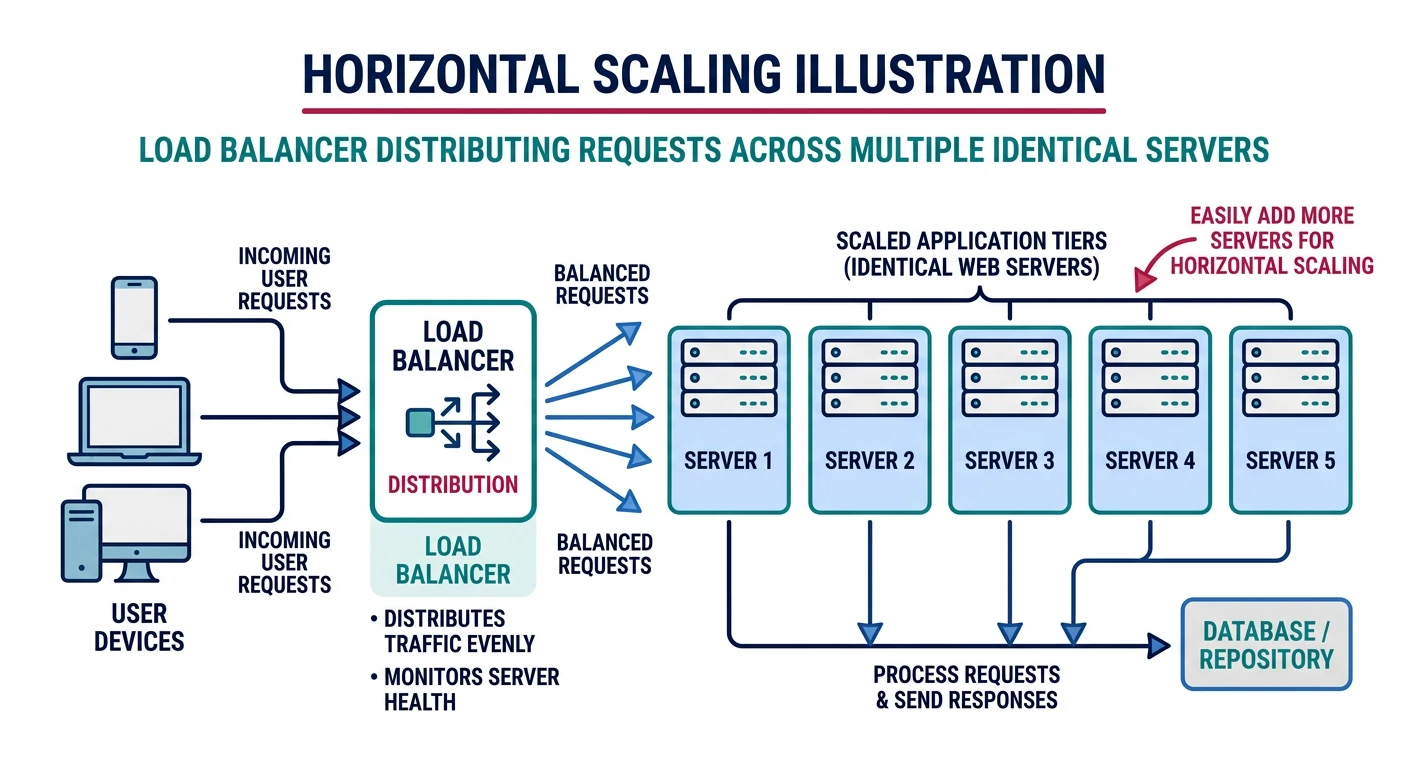Illustration of horizontal scaling showing a load balancer distributing requests across multiple identical servers