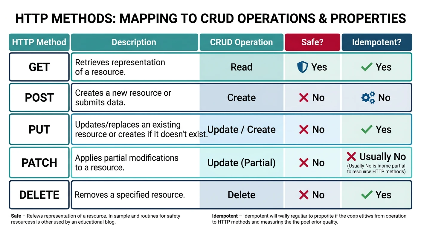 Table-style diagram mapping HTTP methods GET, POST, PUT, PATCH, DELETE to CRUD operations with idempotency and safety properties