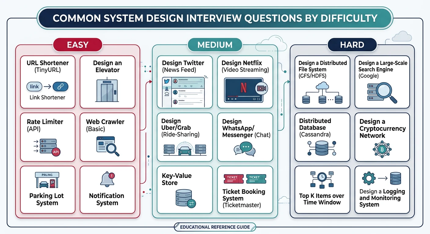Grid of common system design interview questions organized by difficulty tiers: easy, medium, and hard