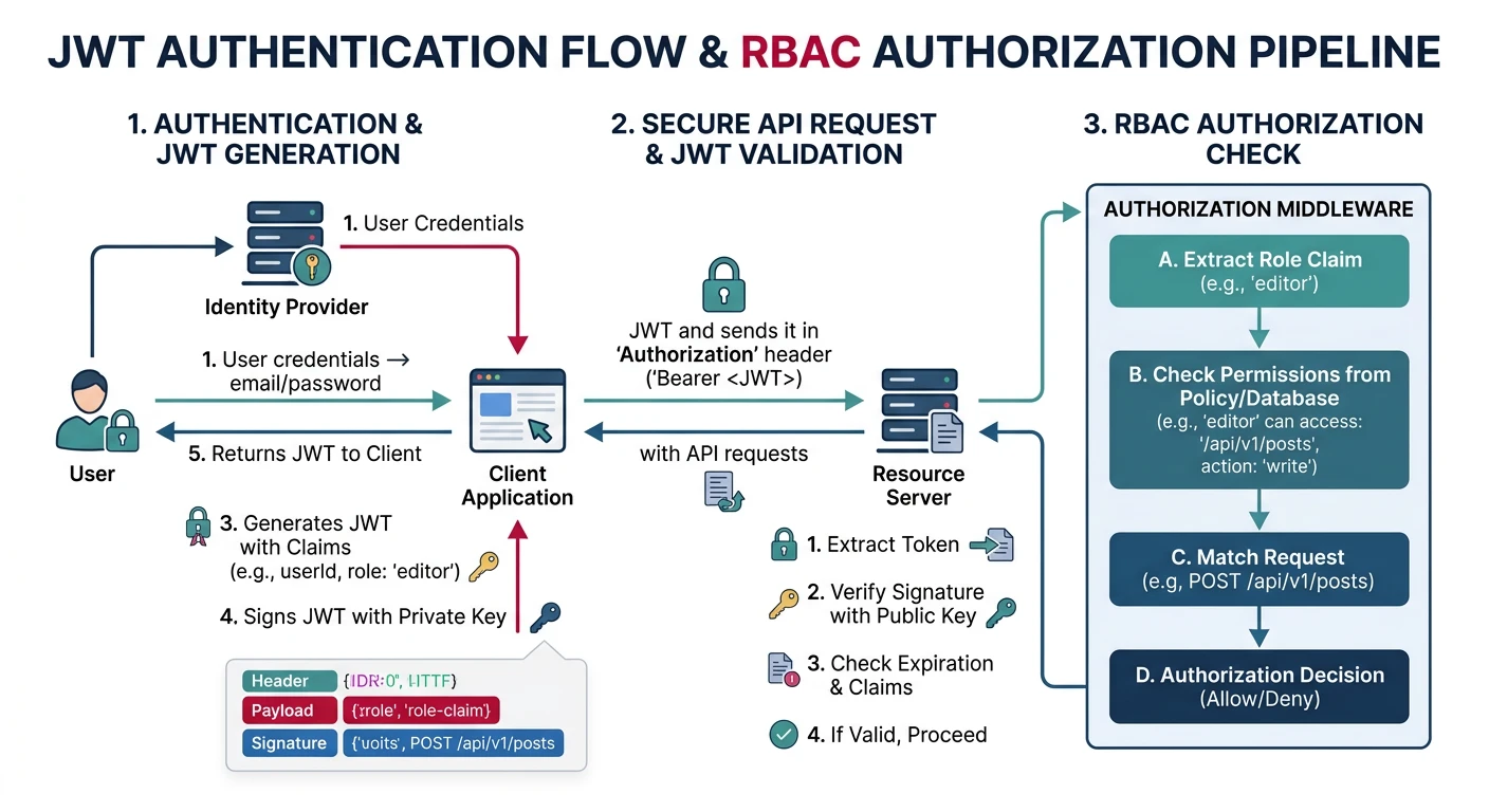 Diagram showing JWT authentication flow with token generation, validation, and RBAC authorization check pipeline