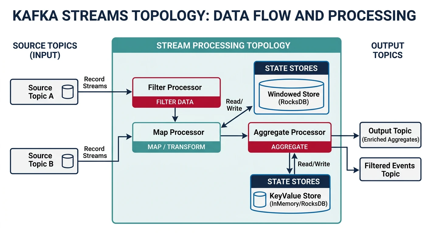 Kafka Streams topology diagram showing source topics flowing through filter, map, and aggregate processors to output topics with state stores