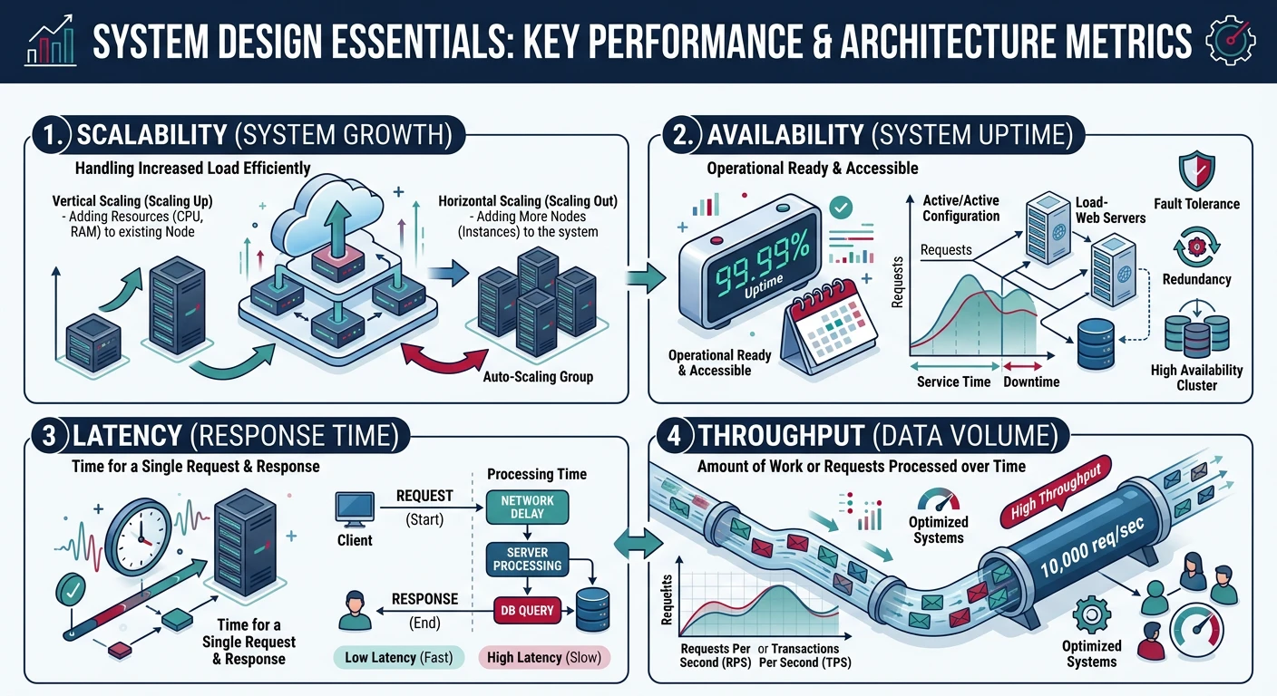 Diagram showing key system design terminology including scalability, availability, latency, and throughput