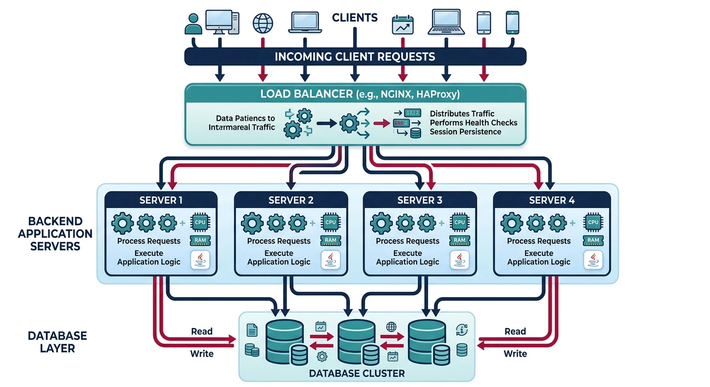 Architecture diagram showing a load balancer distributing incoming client requests across multiple backend servers