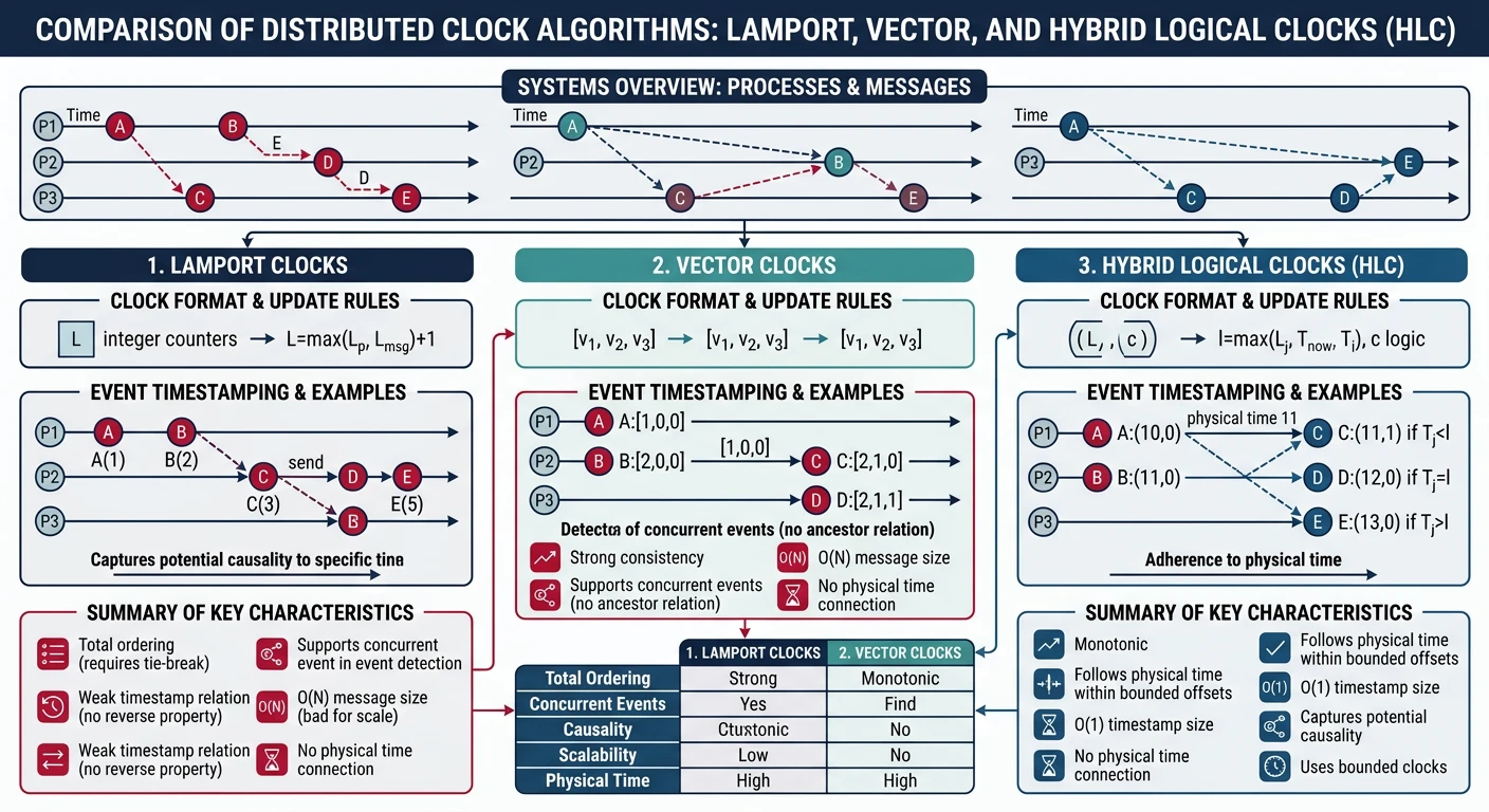 Comparison diagram of Lamport clocks, vector clocks, and hybrid logical clocks showing event ordering across distributed processes