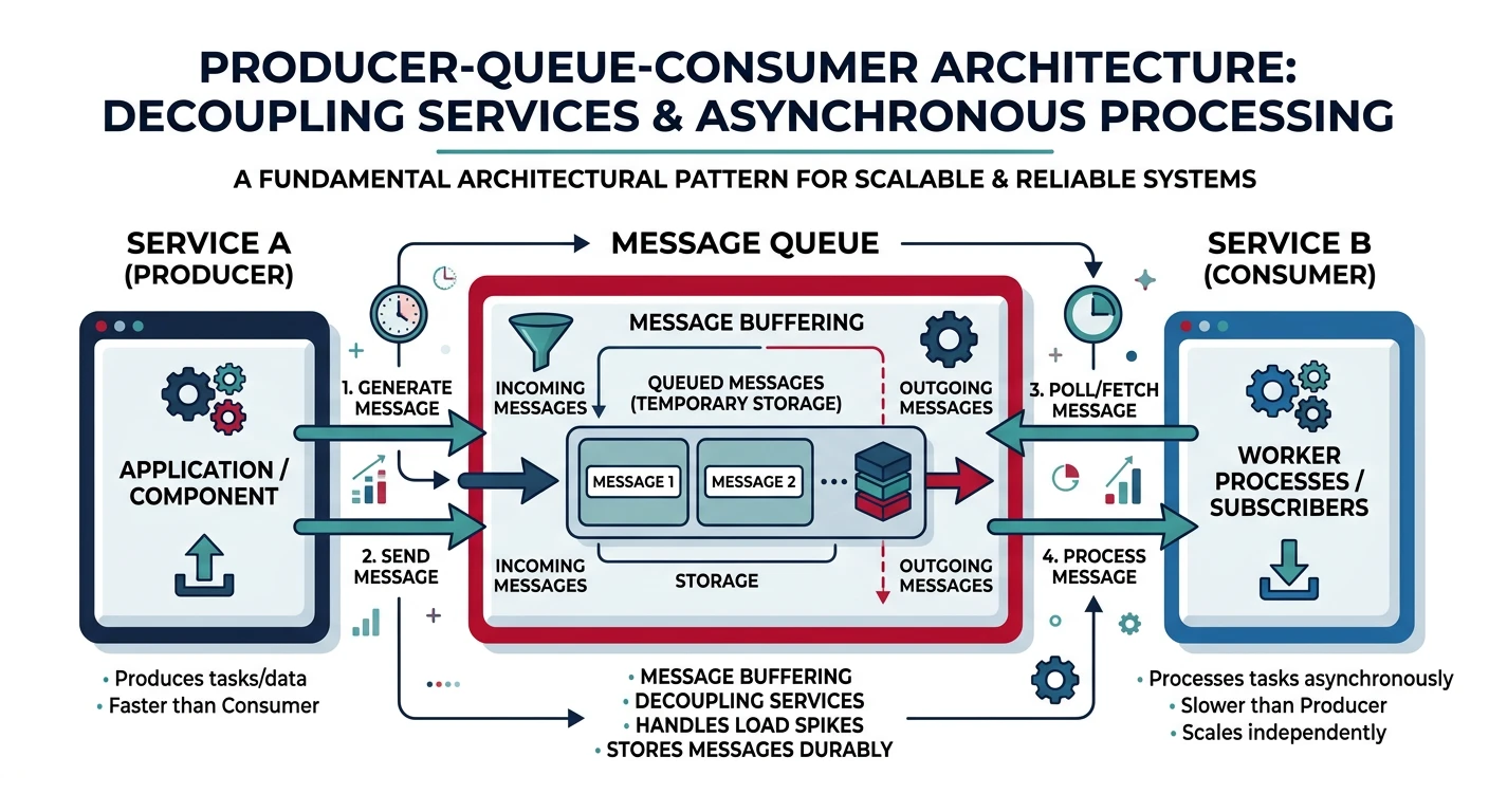 Diagram showing producer-queue-consumer architecture with message buffering, decoupling services and enabling asynchronous processing