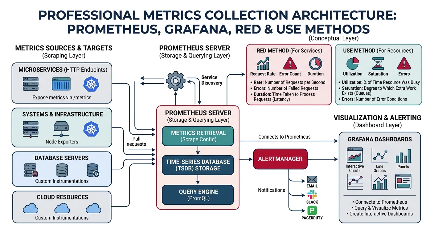 Metrics collection architecture showing Prometheus scraping targets, time-series database storage, Grafana dashboards, and RED/USE method metric types