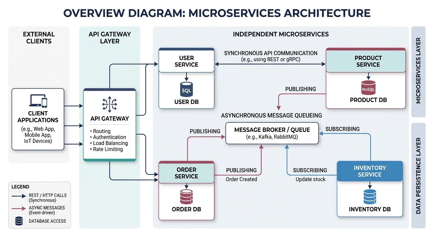 Overview diagram of microservices architecture showing multiple independent services with separate databases communicating through APIs and message queues