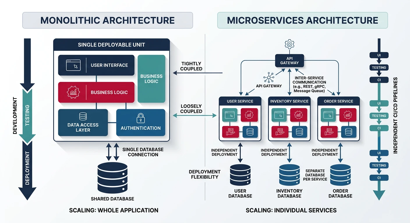 Side-by-side comparison of monolithic architecture as a single deployable unit versus microservices as independent services with separate deployments and databases