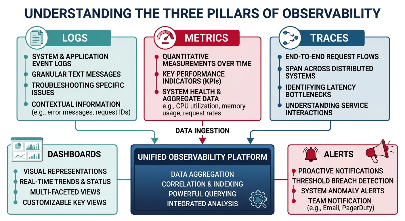 Diagram of the three pillars of observability - logs, metrics, and traces - feeding into a unified observability platform with dashboards and alerts