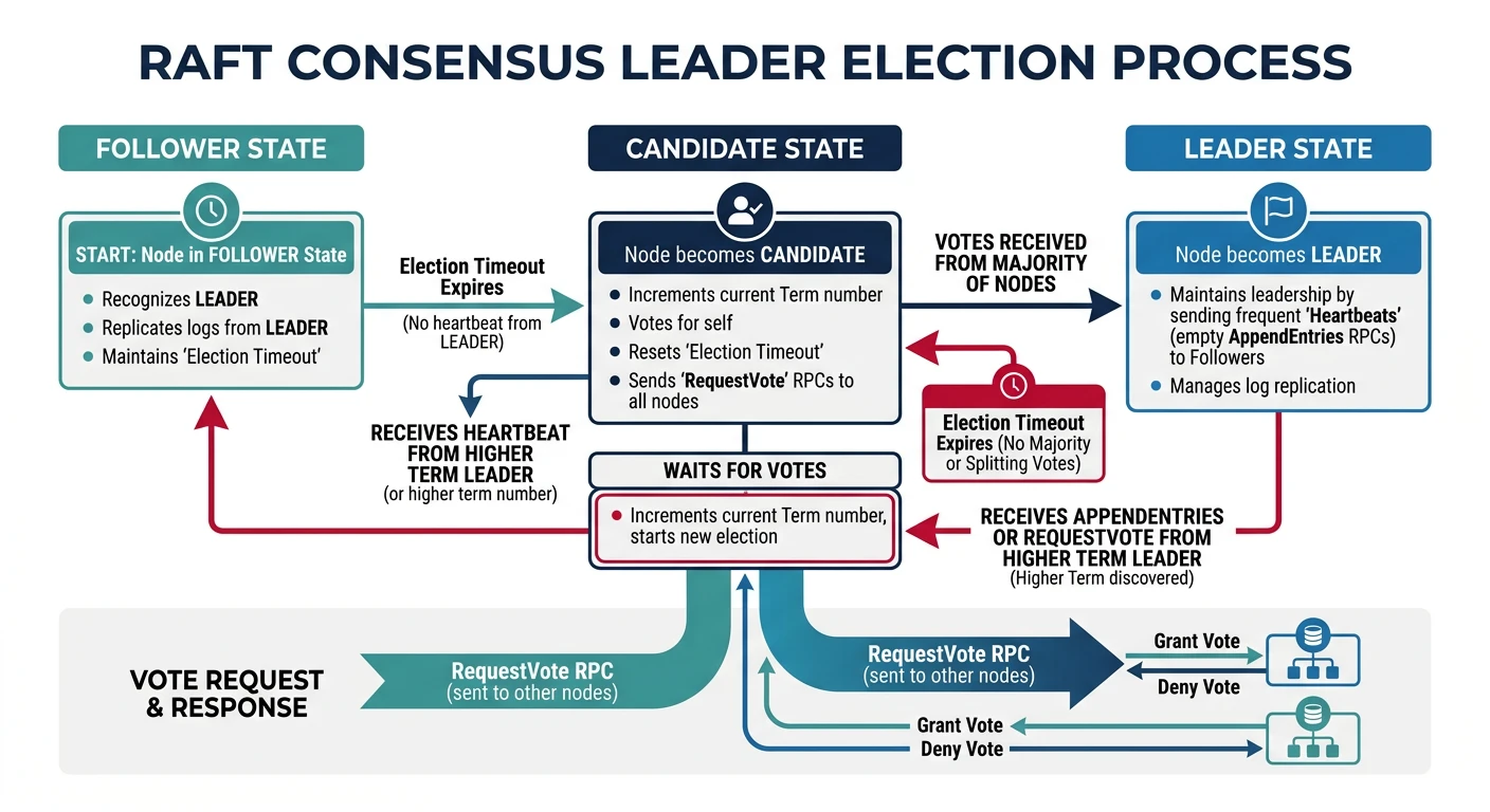 Flowchart showing the Raft consensus leader election process with follower, candidate, and leader states and vote request arrows