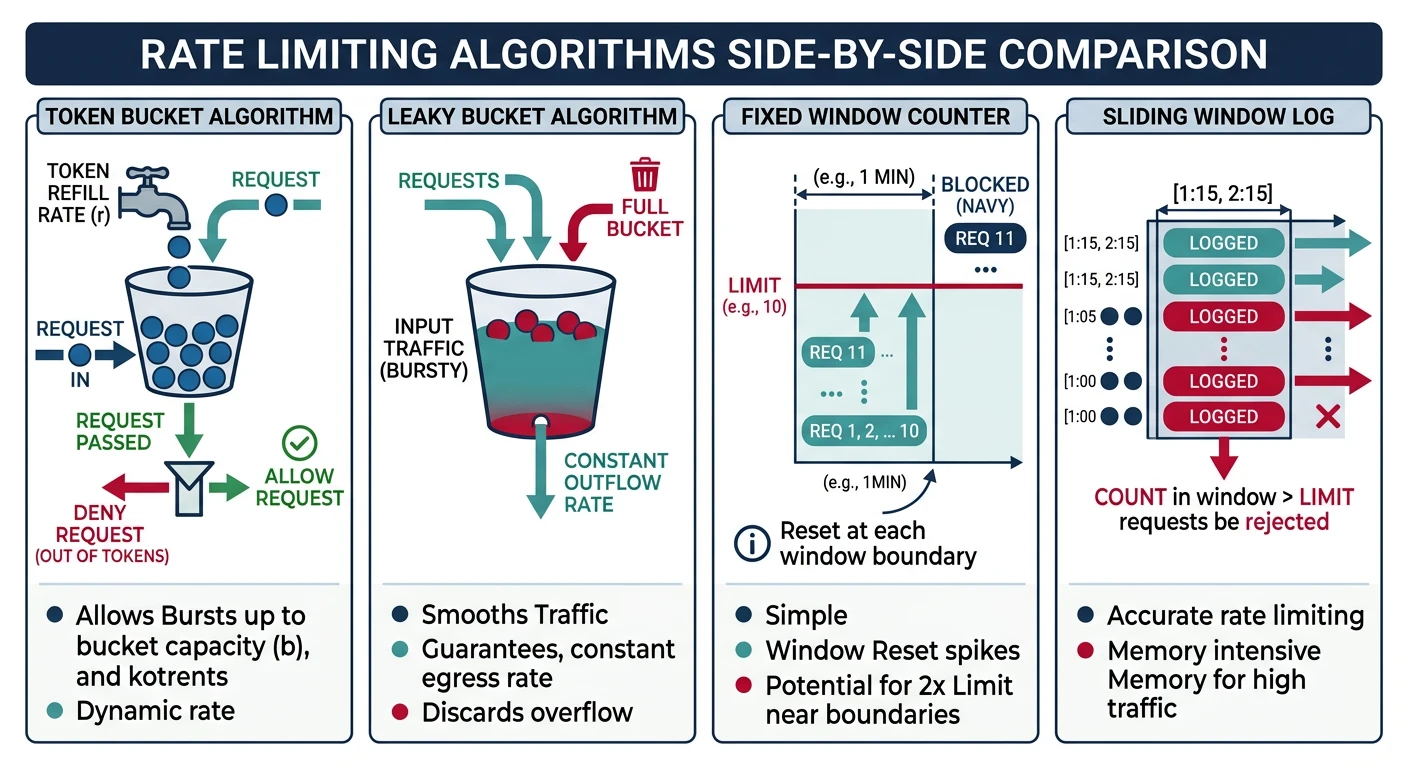 Side-by-side comparison of token bucket, leaky bucket, fixed window, and sliding window rate limiting algorithms with visual diagrams