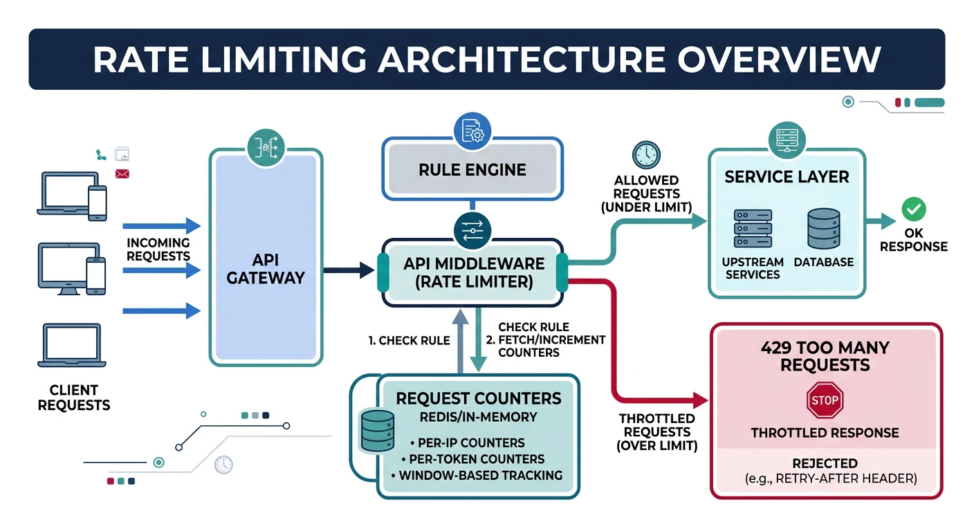 Overview diagram of rate limiting architecture showing API gateway, rate limiter middleware, request counters, and throttled vs allowed request paths