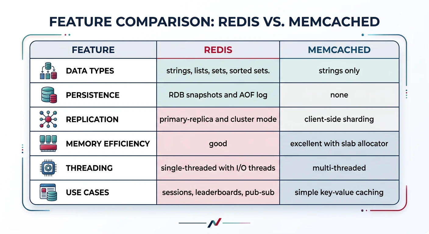 Feature comparison between Redis and Memcached distributed caching solutions