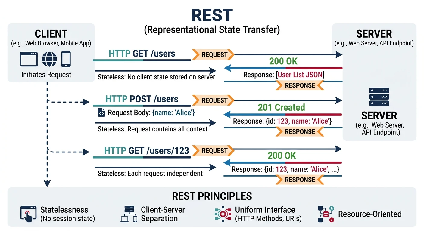 Diagram showing REST architecture with client-server communication over HTTP, illustrating stateless request-response cycles with resource URIs