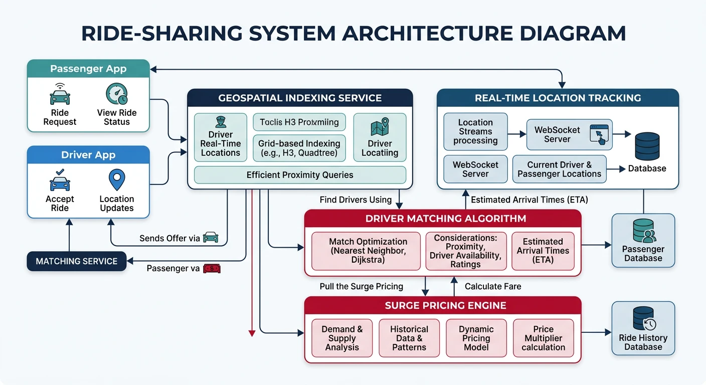 Ride-sharing system architecture showing geospatial indexing, driver matching algorithm, real-time location tracking, and surge pricing engine