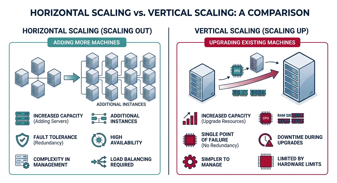 Diagram comparing horizontal scaling (adding more machines) versus vertical scaling (upgrading existing machines)