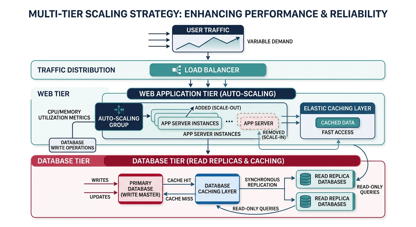 Multi-tier scaling strategy diagram showing auto-scaling for web tier, read replicas for database tier, and caching layers