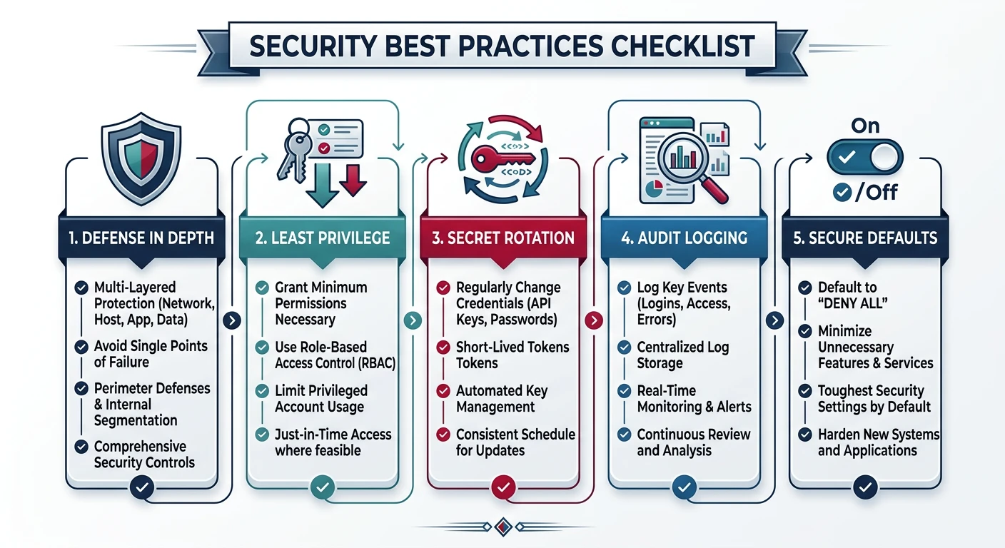 Security best practices checklist diagram showing defense in depth, least privilege, secret rotation, audit logging, and secure defaults
