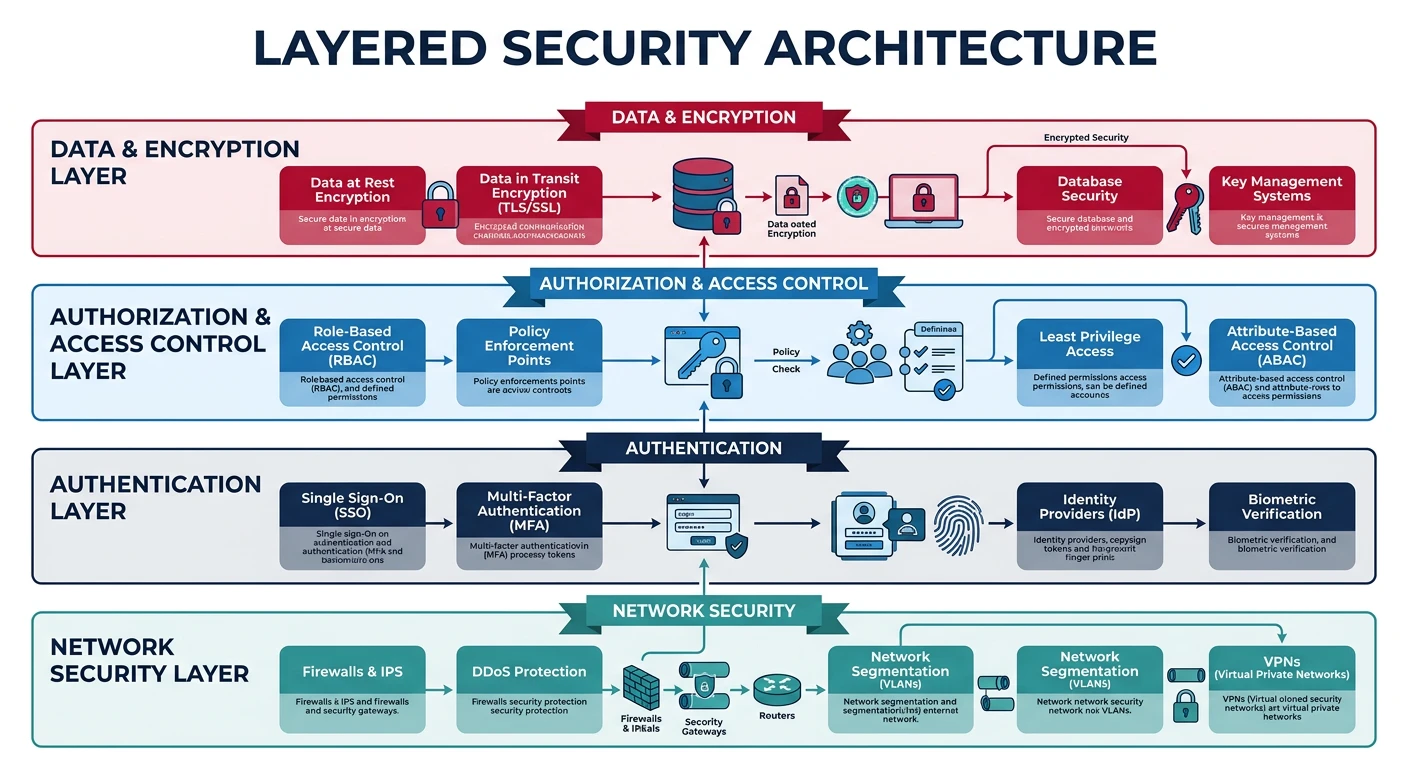 Layered security architecture diagram showing authentication, authorization, encryption, and network security layers