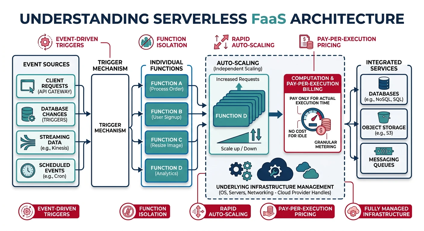 Serverless FaaS architecture showing event sources triggering individual functions that auto-scale, with pay-per-execution billing and managed infrastructure