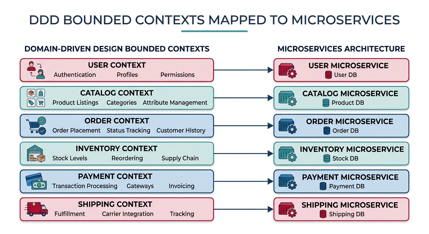 Diagram showing DDD bounded contexts mapping to microservices, with an e-commerce domain split into user, catalog, order, inventory, payment, and shipping contexts