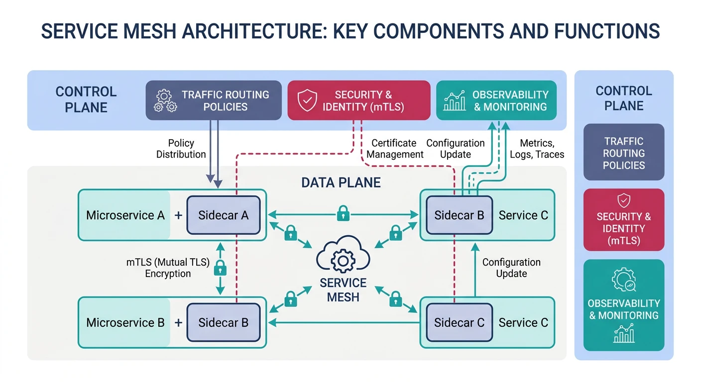 Service mesh architecture showing sidecar proxies attached to each microservice, with a control plane managing traffic routing, mTLS encryption, and observability