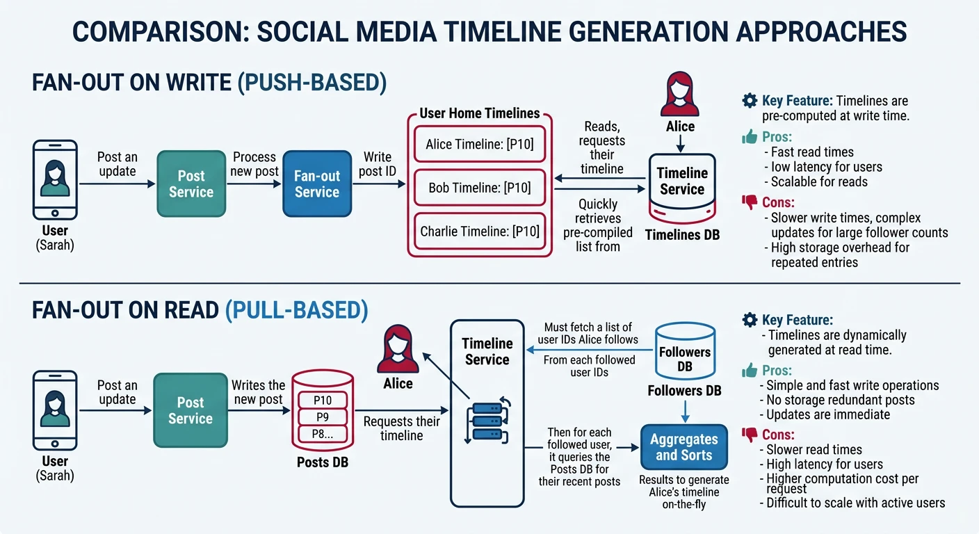 Diagram comparing fan-out on write vs fan-out on read approaches for social media timeline generation