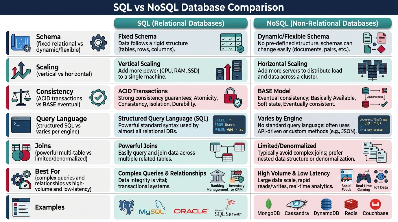 Comparison diagram of SQL relational databases versus NoSQL non-relational database architectures