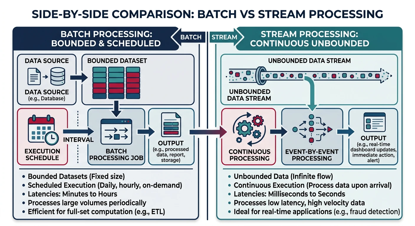 Side-by-side comparison of batch processing with bounded datasets and scheduled execution versus stream processing with continuous unbounded data flow