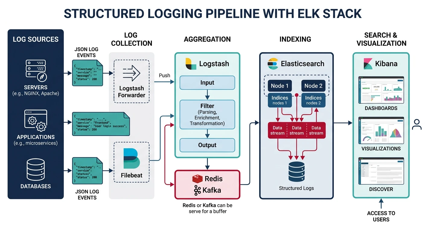 Structured logging pipeline diagram showing JSON log events flowing through aggregation, indexing, and search with ELK stack components