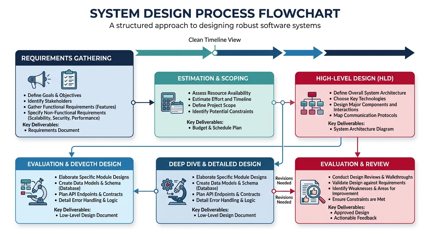 Flowchart of the system design process showing requirements, estimation, high-level design, deep dive, and evaluation steps