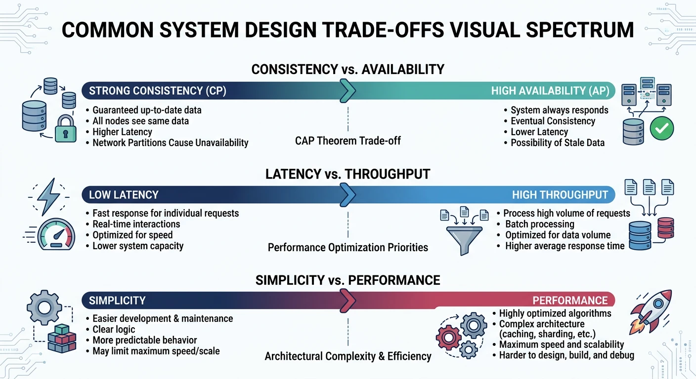 Visual spectrum showing common system design trade-offs between consistency and availability, latency and throughput, simplicity and performance