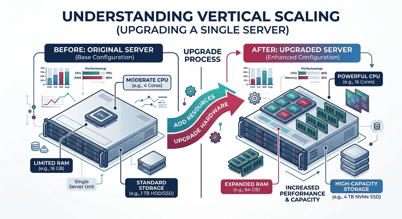Diagram showing vertical scaling by upgrading a single server with more CPU, RAM, and storage resources