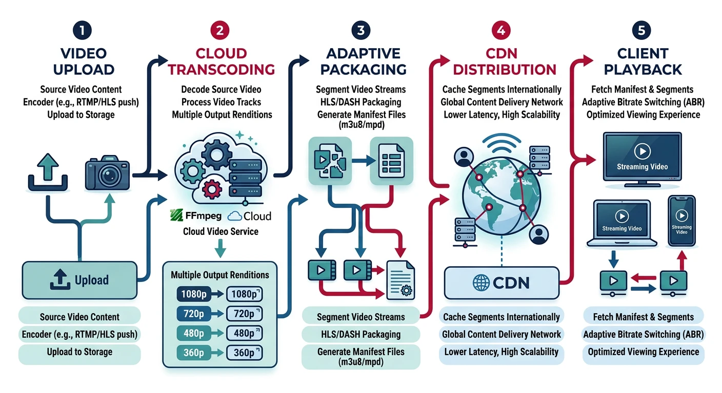 Video streaming pipeline showing upload, transcoding, adaptive bitrate packaging, CDN distribution, and client playback