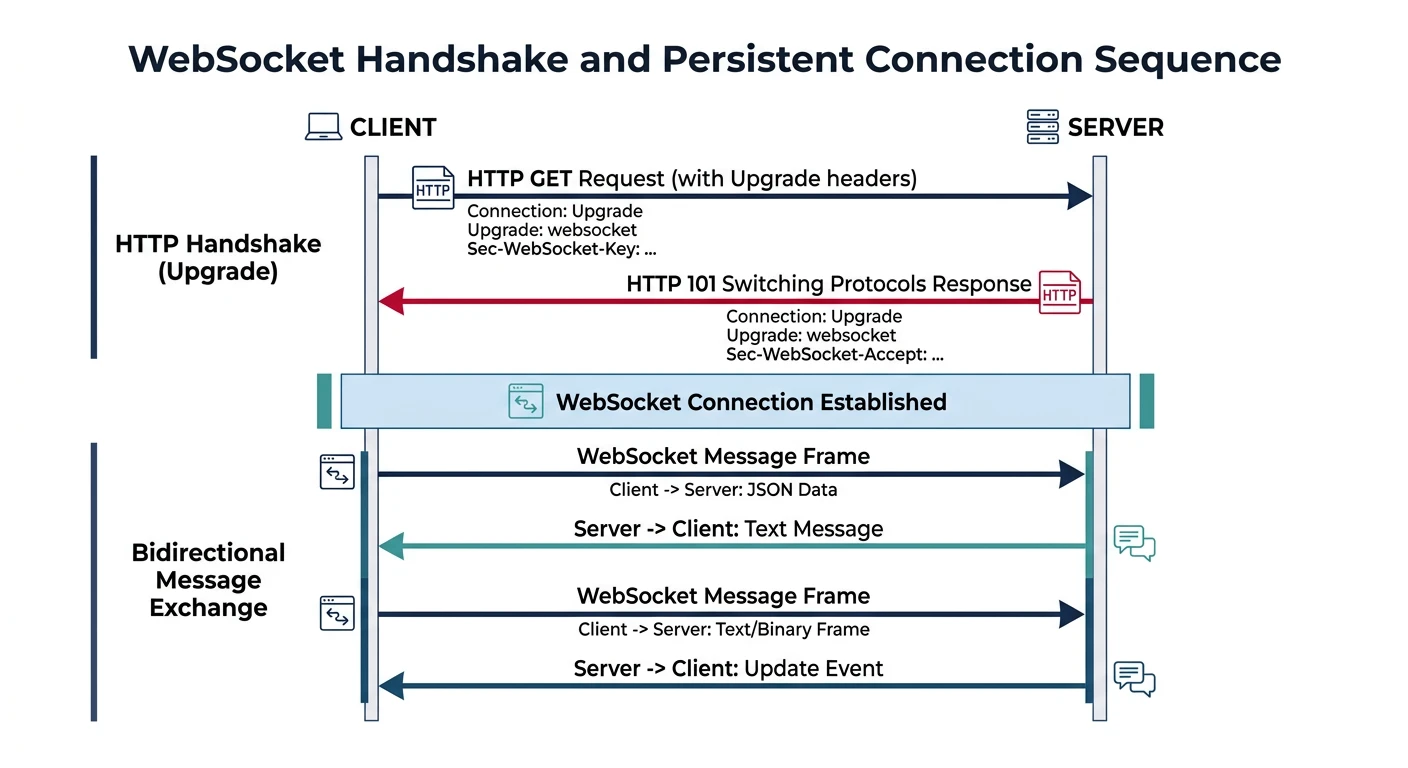 Sequence diagram showing WebSocket handshake upgrade from HTTP, followed by persistent bidirectional message frames between client and server
