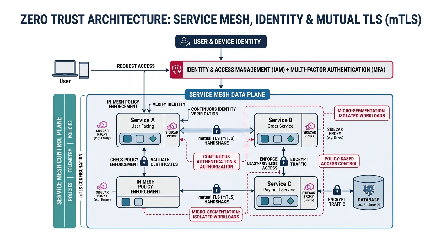 Zero trust architecture diagram showing service mesh with mutual TLS, identity verification, micro-segmentation, and continuous authentication